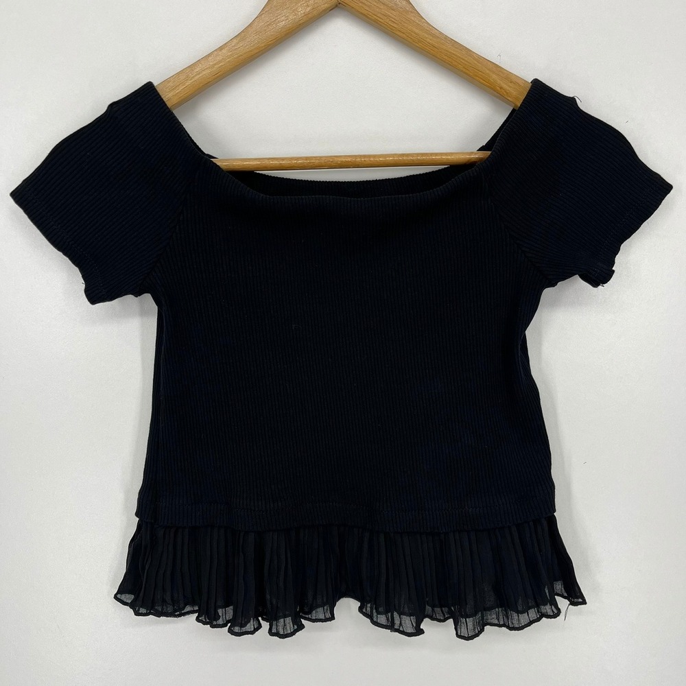 Zara Womens Small Black Ribbed Off The Shoulder Top Chiffon Ruffle Hem Knit